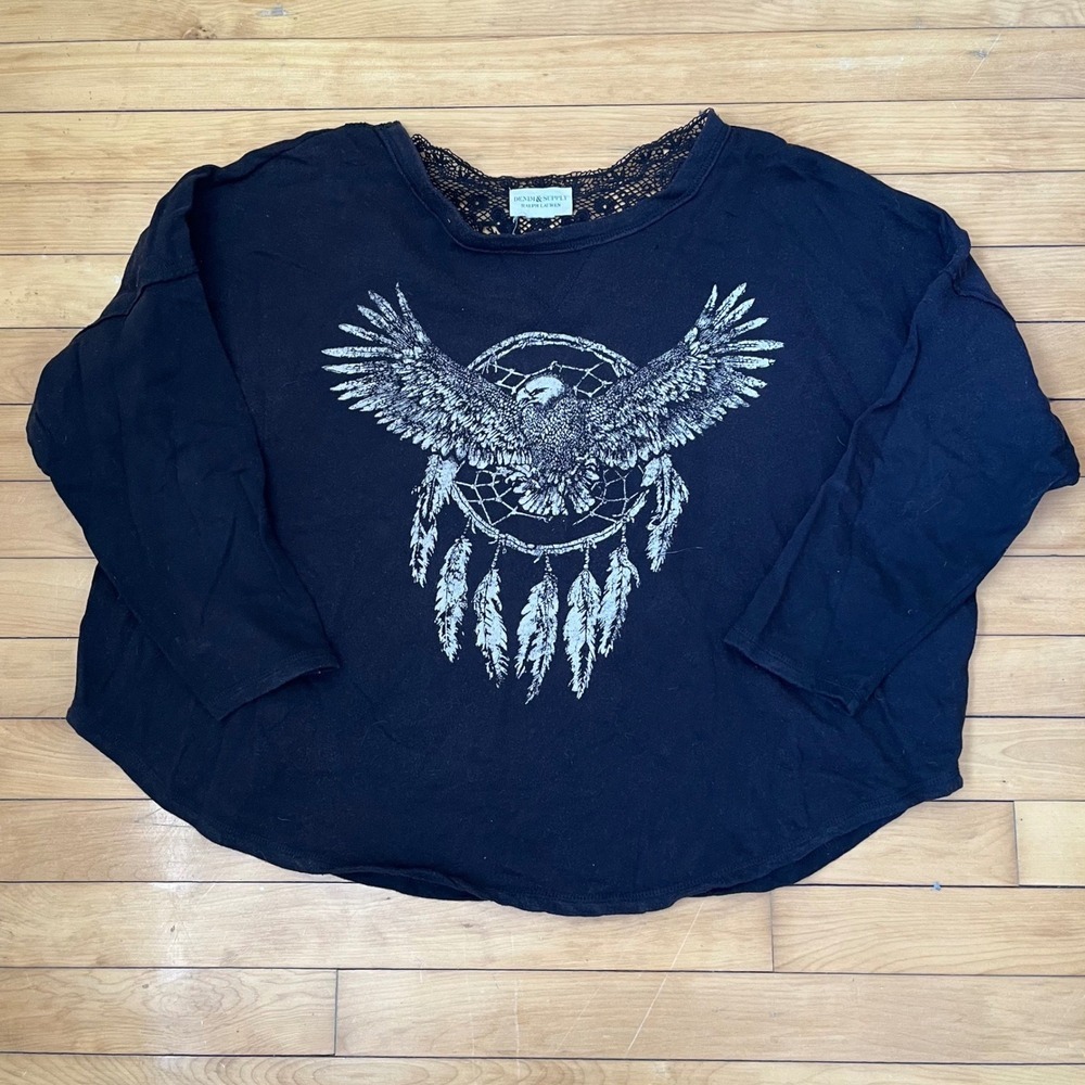Denim & Supply Ralph Lauren Black Eagle Dreamcatcher Lace Back Graphic Top L